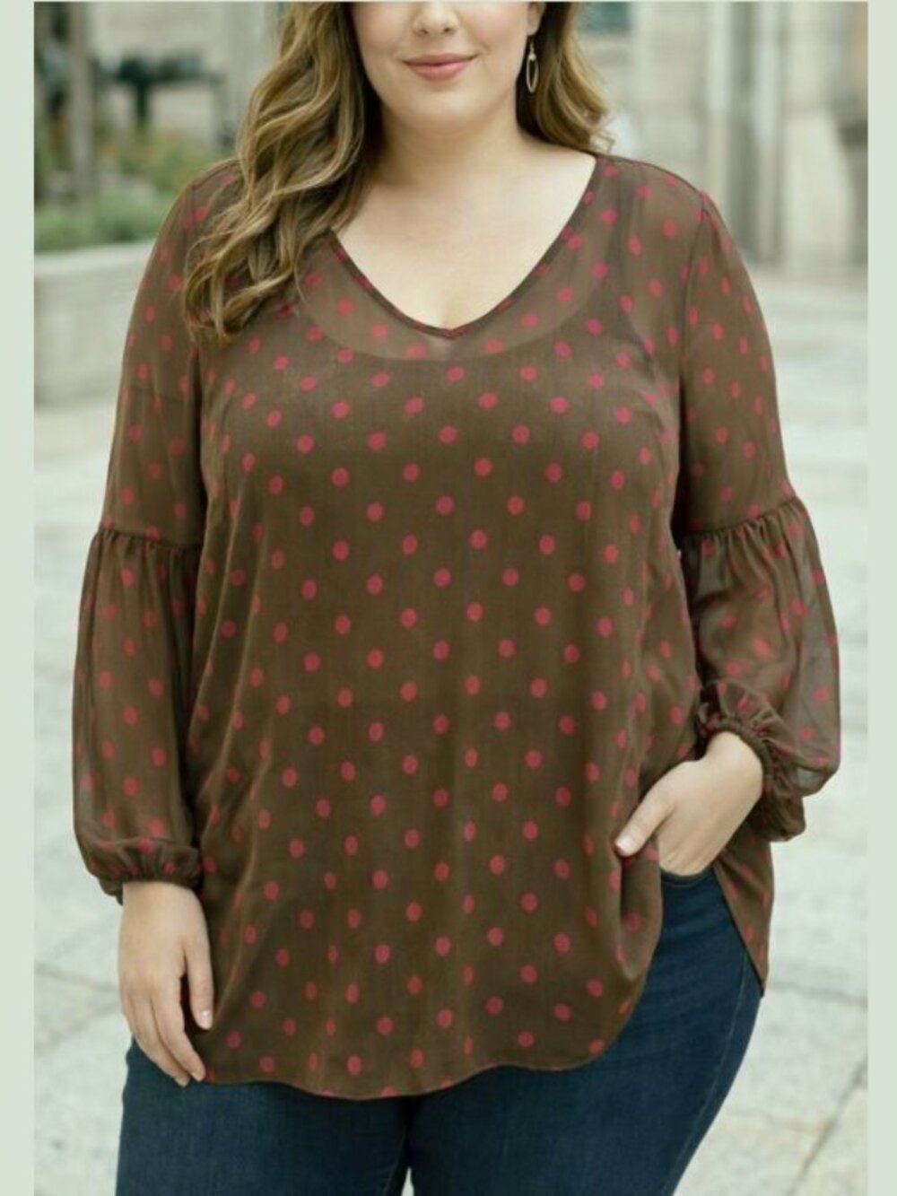 Pleione Sheer Polka Dot Top Blouse XL Lace Romantic Boho Chic Casual Mocha Rose